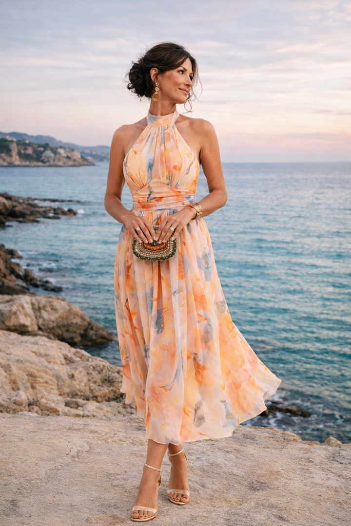 Aurora | Φόρεμα με Halter Λαιμόκοψη & Υδατογραφικό Print