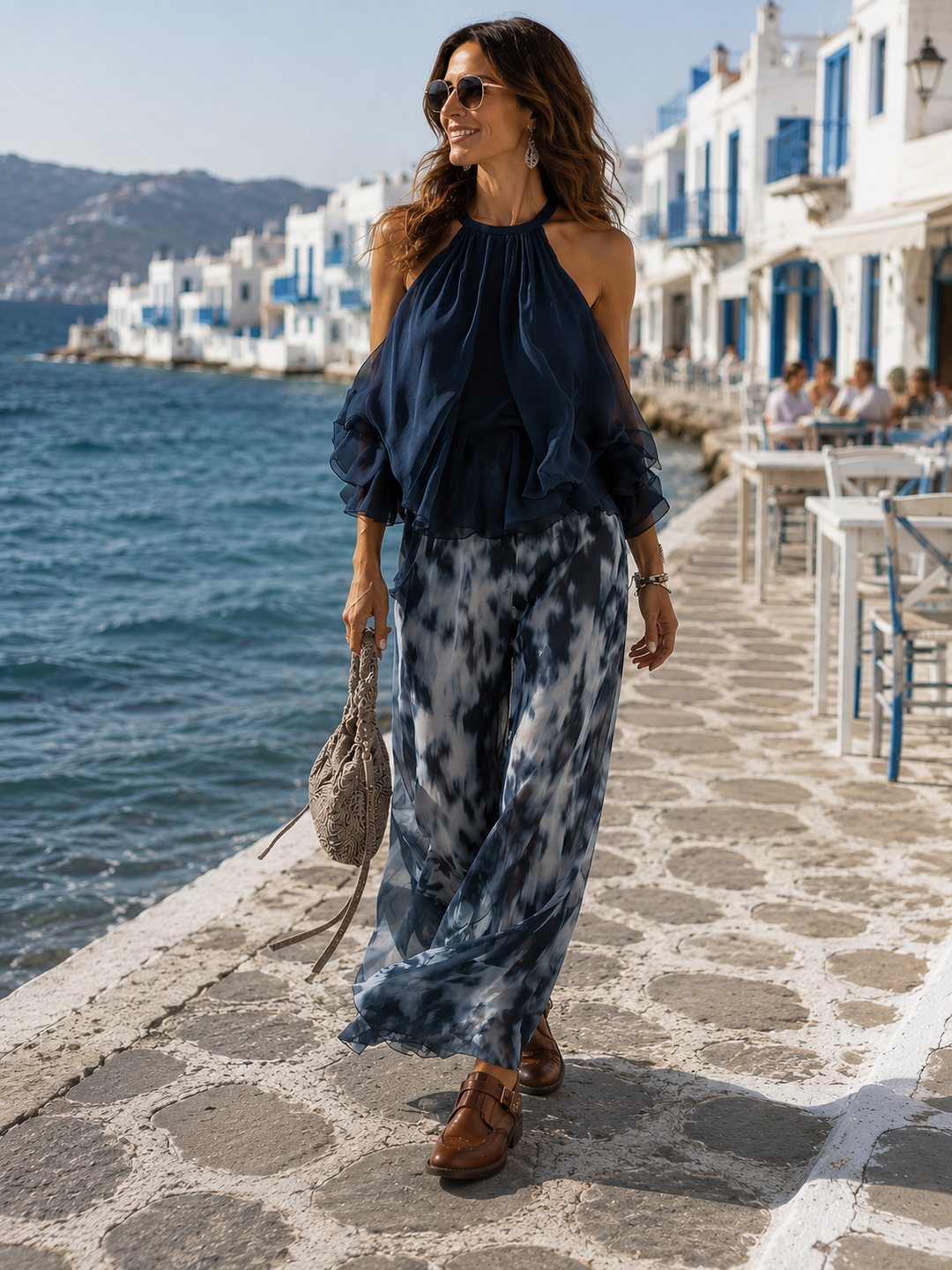 Ludovica | Κομψό Chiffon Σετ με Top Ψηλού Λαιμού και Φαρδύ Παντελόνι με Print