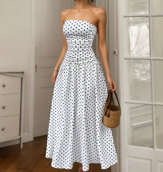 Elegant Polka Dot Strapless Maxi Dress – Women’s Summer Chic Dress